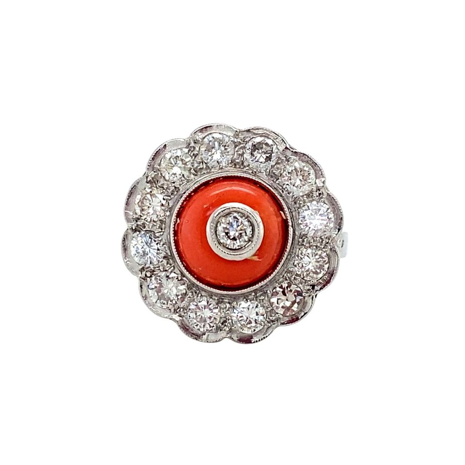 Vintage Platinum Cluster Ring with Diamond and Red Coral