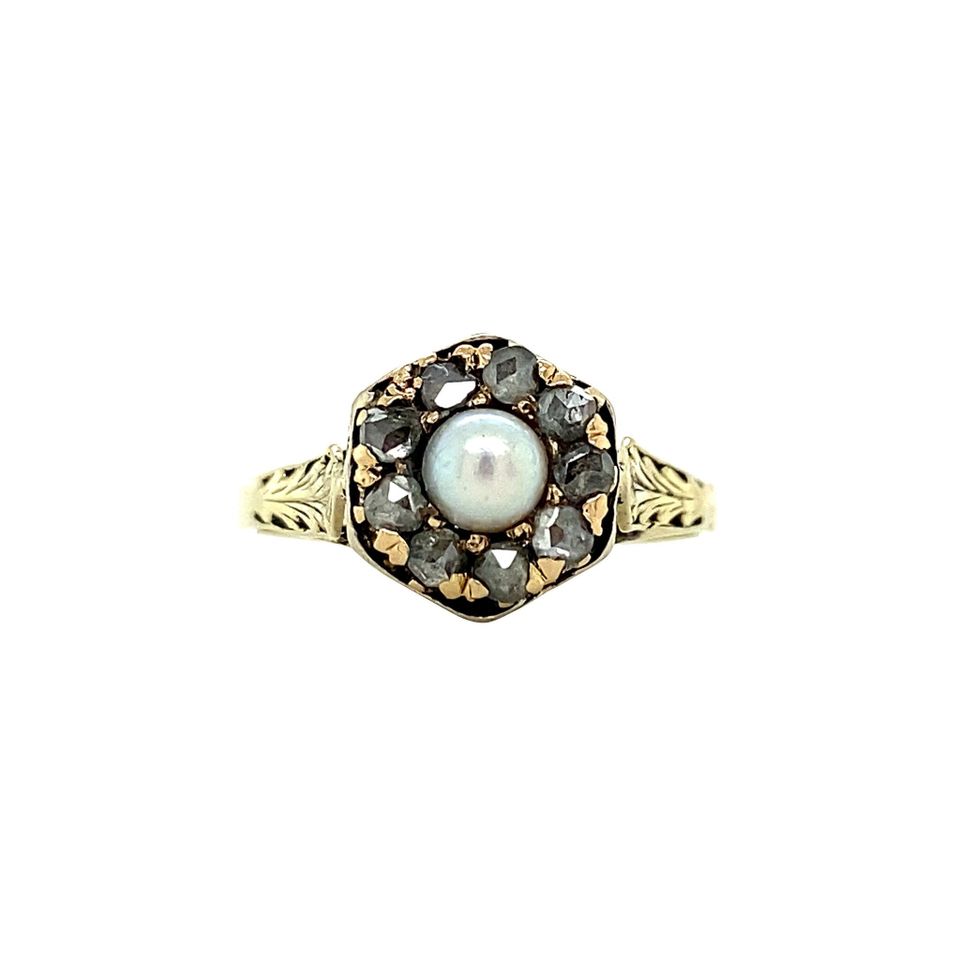 Vintage Cluster 10K Gold Ring with Rose Cut Diamond and Pearl