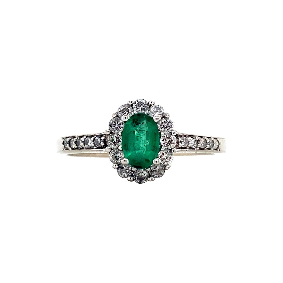Vintage 14K White Gold Cluster Ring with Emerald and Diamond