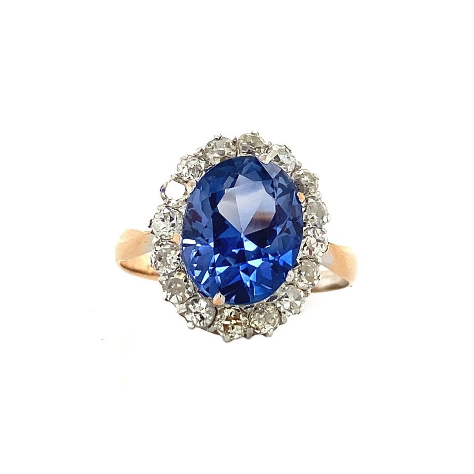 Vintage 20K Gold Cluster Ring with Sapphire and Diamond