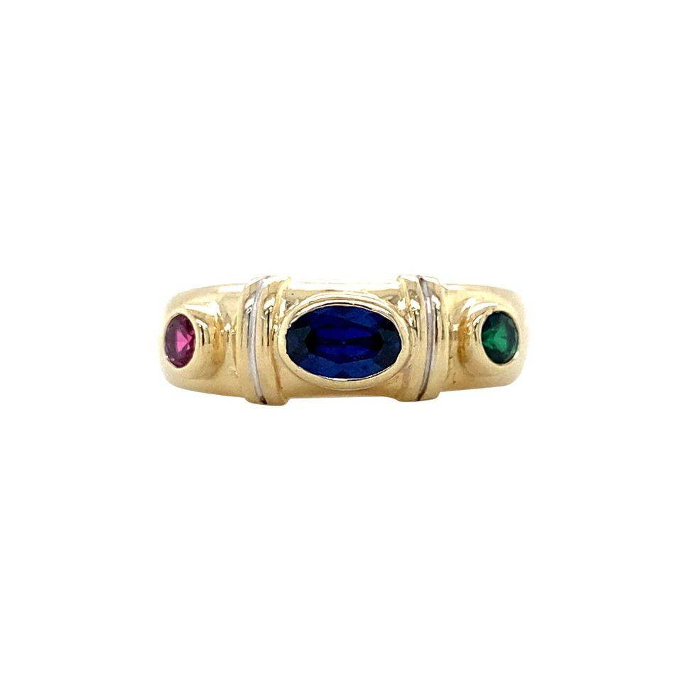 Vintage 14K Gold Trilogy Ring with Ruby, Sapphire and Colored Stone