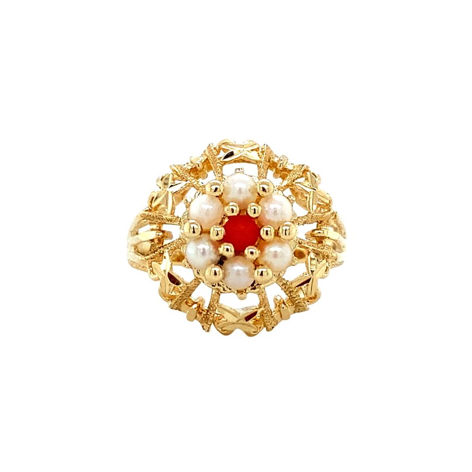 Vintage 14K Gold Ring with Red Coral and Pearl