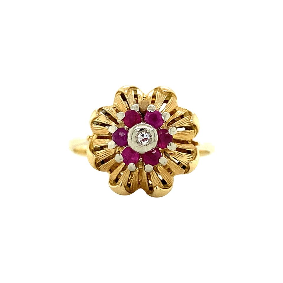 Vintage 14K Gold Cluster Ring with Ruby and Diamond