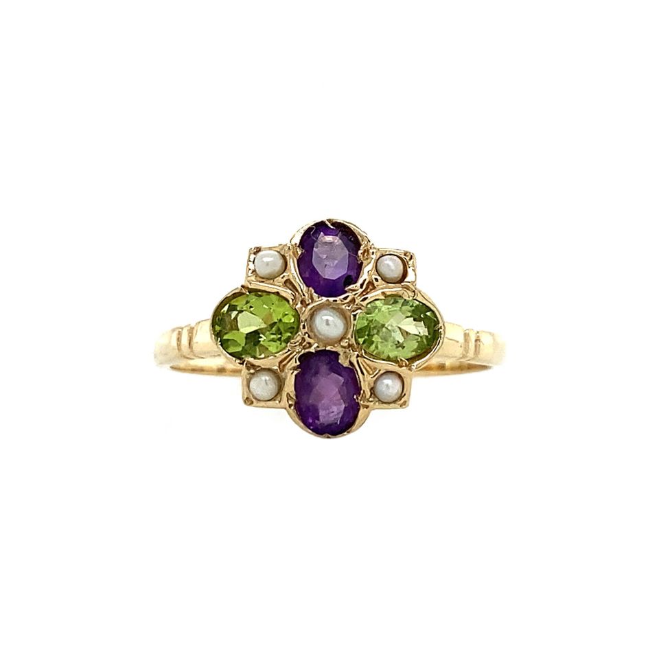 Vintage 9K Gold Ring with Amethyst, Periodoot and Pearl