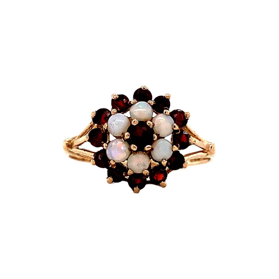 Vintage Cluster 9K Gold Ring with Opal and Garnet