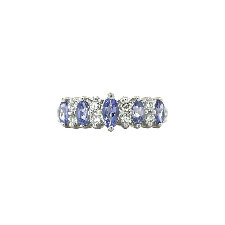 Vintage 14K White Gold Half Eternity Ring with Tanzanite and Diamond
