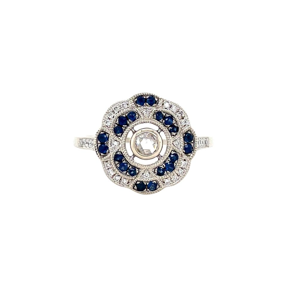 Vintage 14K White Gold Dubbele Cluster Ring with Sapphire and Diamond