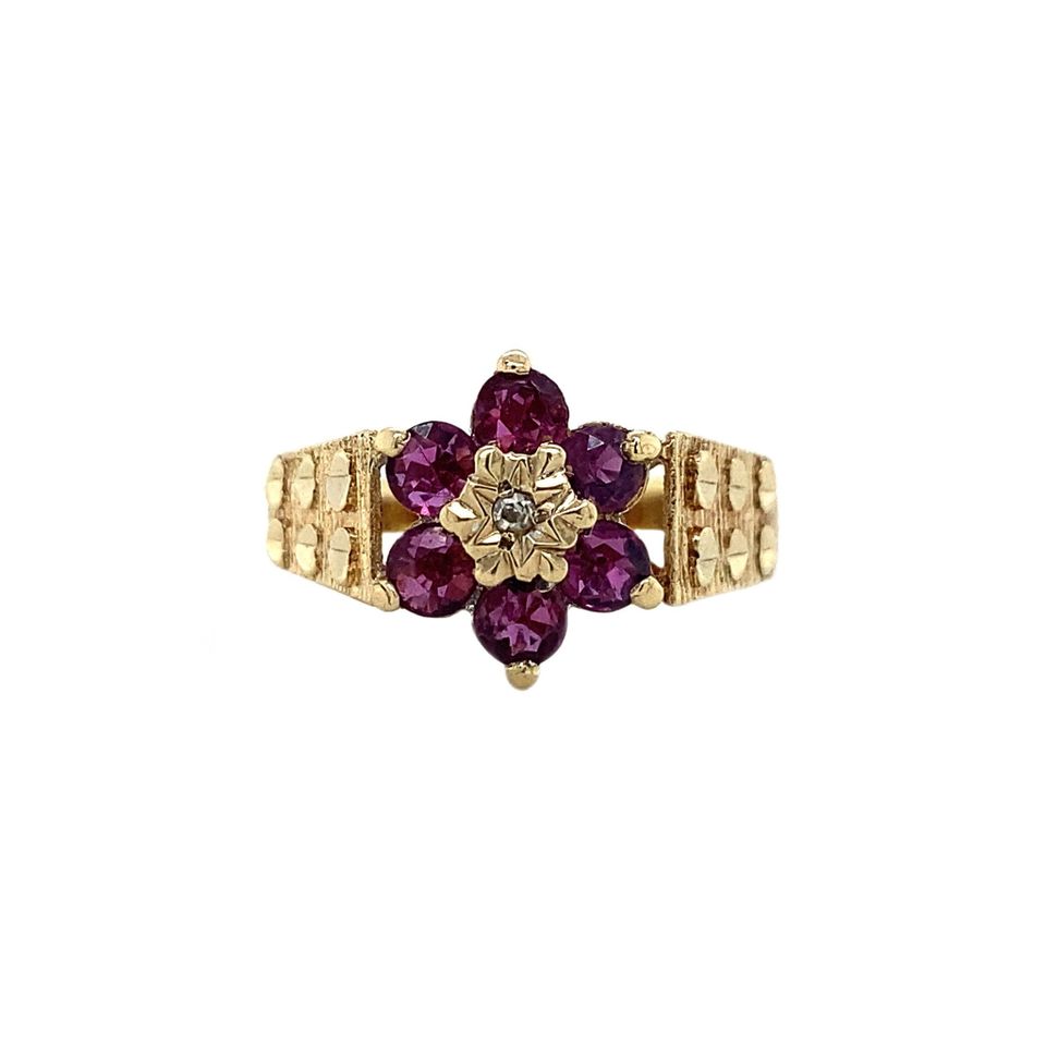Vintage Two Tone Cluster 9K Gold Ring with Diamond and Ruby
