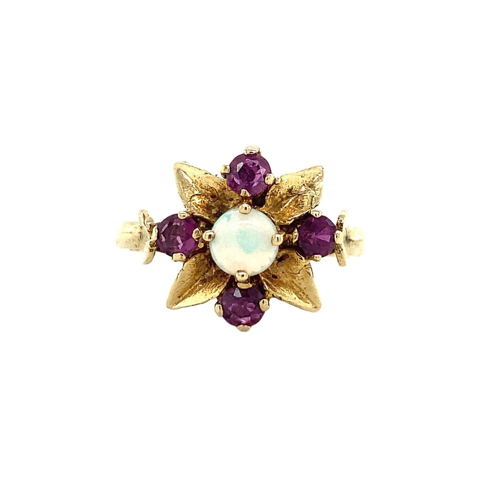 Vintage Cluster 9K Gold Ring with Ruby and Opal