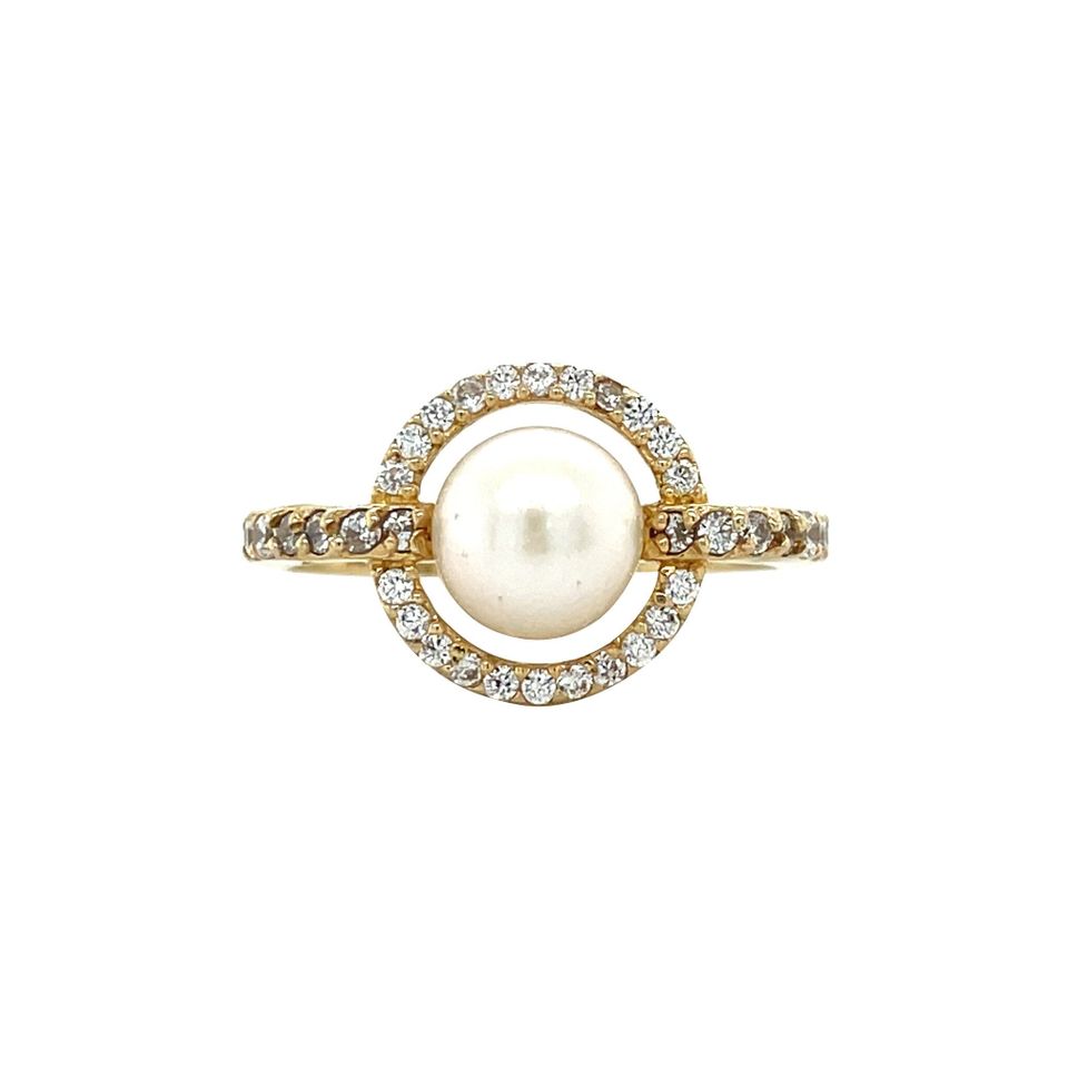 Vintage 14K Gold Cluster Ring with Pearl and Cubic Zirconia