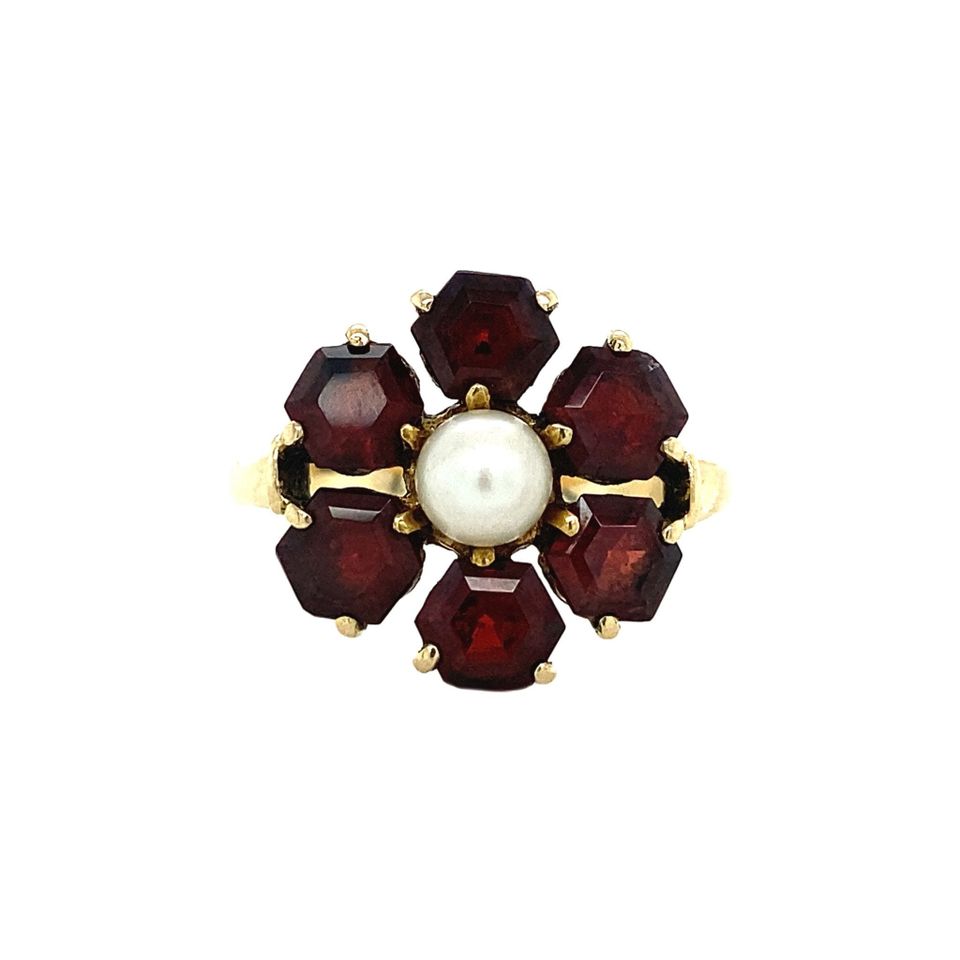 Vintage 14K Gold Cluster Ring with Pearl and Garnet