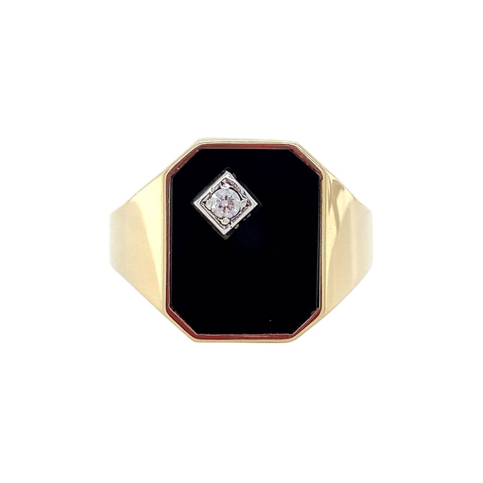 Vintage 14K Gold Signet Ring with Onyx and Cubic Zirconia