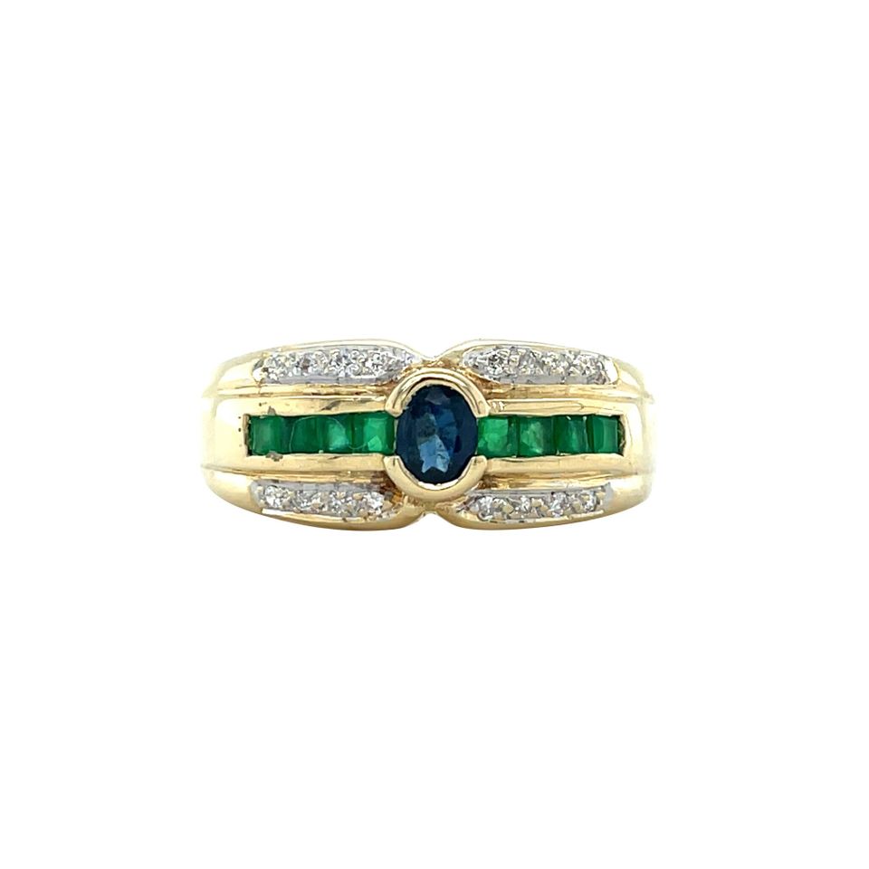 Vintage 14K Gold Ring with Emerald, Sapphire and Diamond