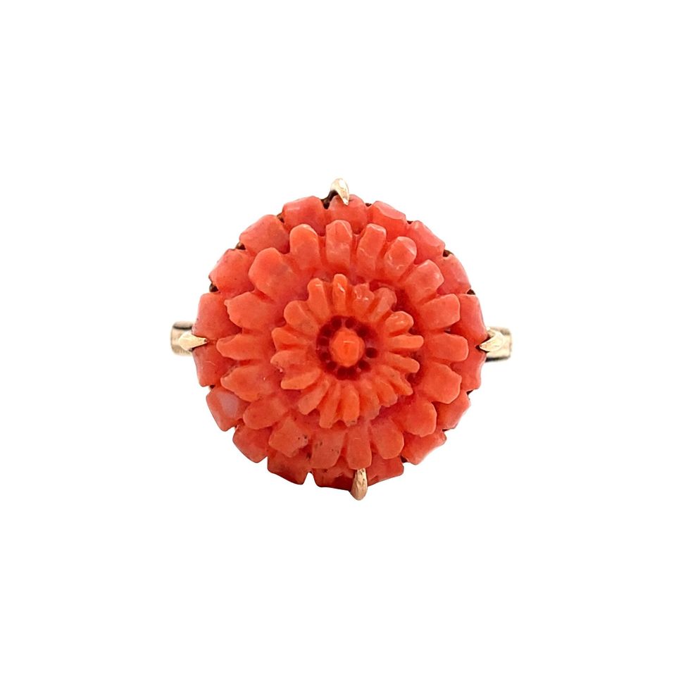 Vintage 12K Gold Ring with Flower Uitgesneden Red Coral