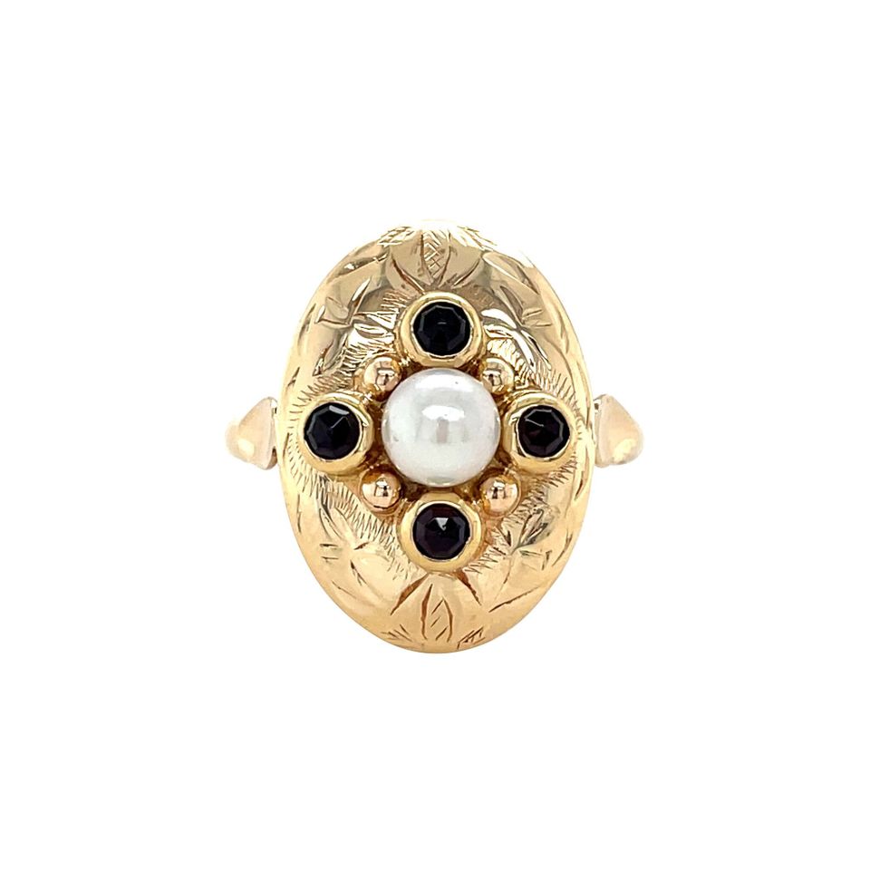 Vintage 14K Gold Cluster Ring with Pearl and Garnet