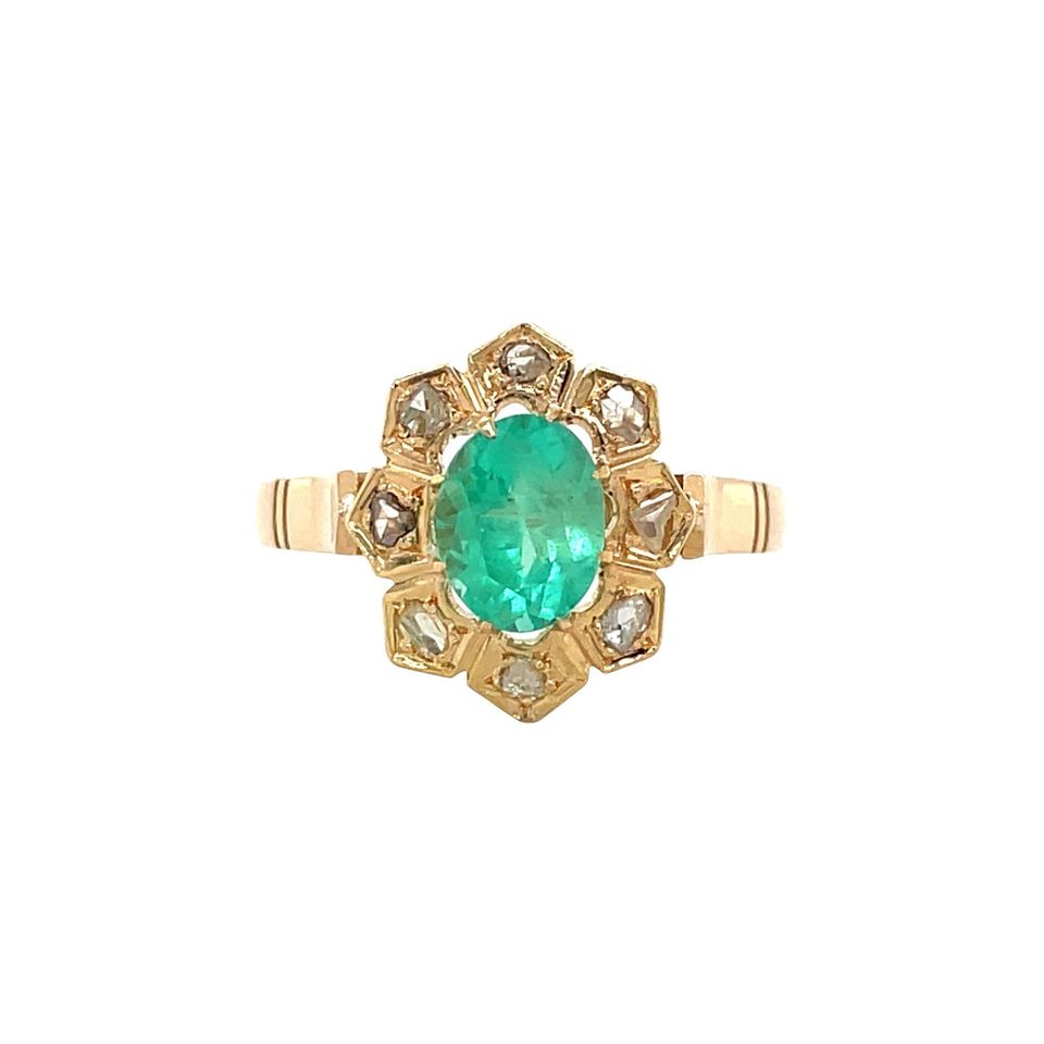 Vintage 14K Gold Cluster Ring with Emerald and Rose Cut Diamond