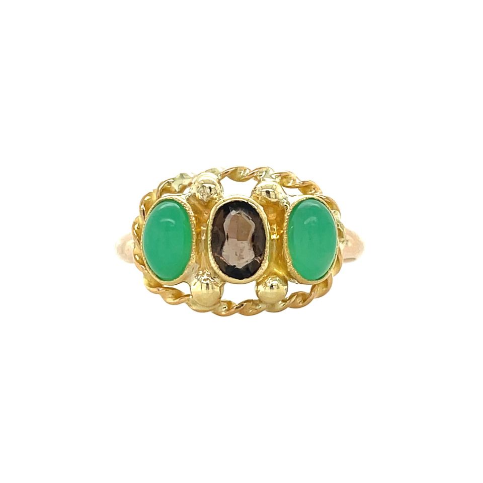 Vintage Trilogy 10K Gold Ring with Smoky Quartz and Chrysoprase