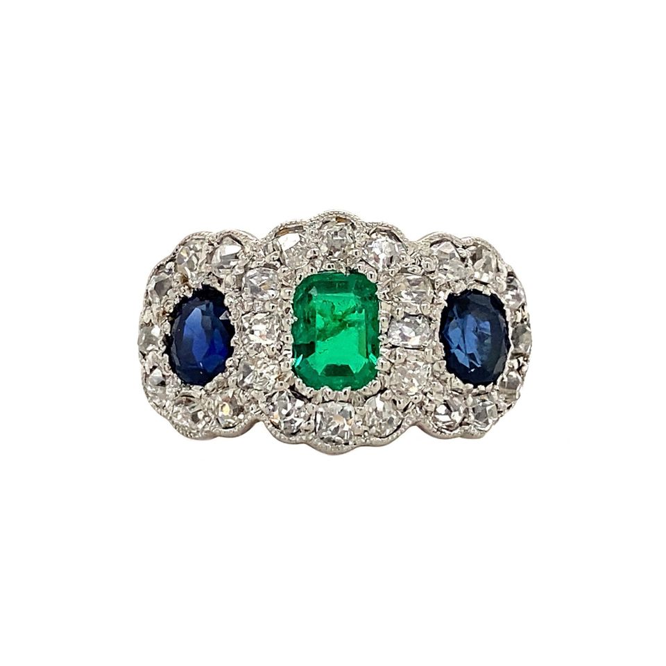 Vintage 18K Gold Ring with Emerald, Sapphire and Diamond