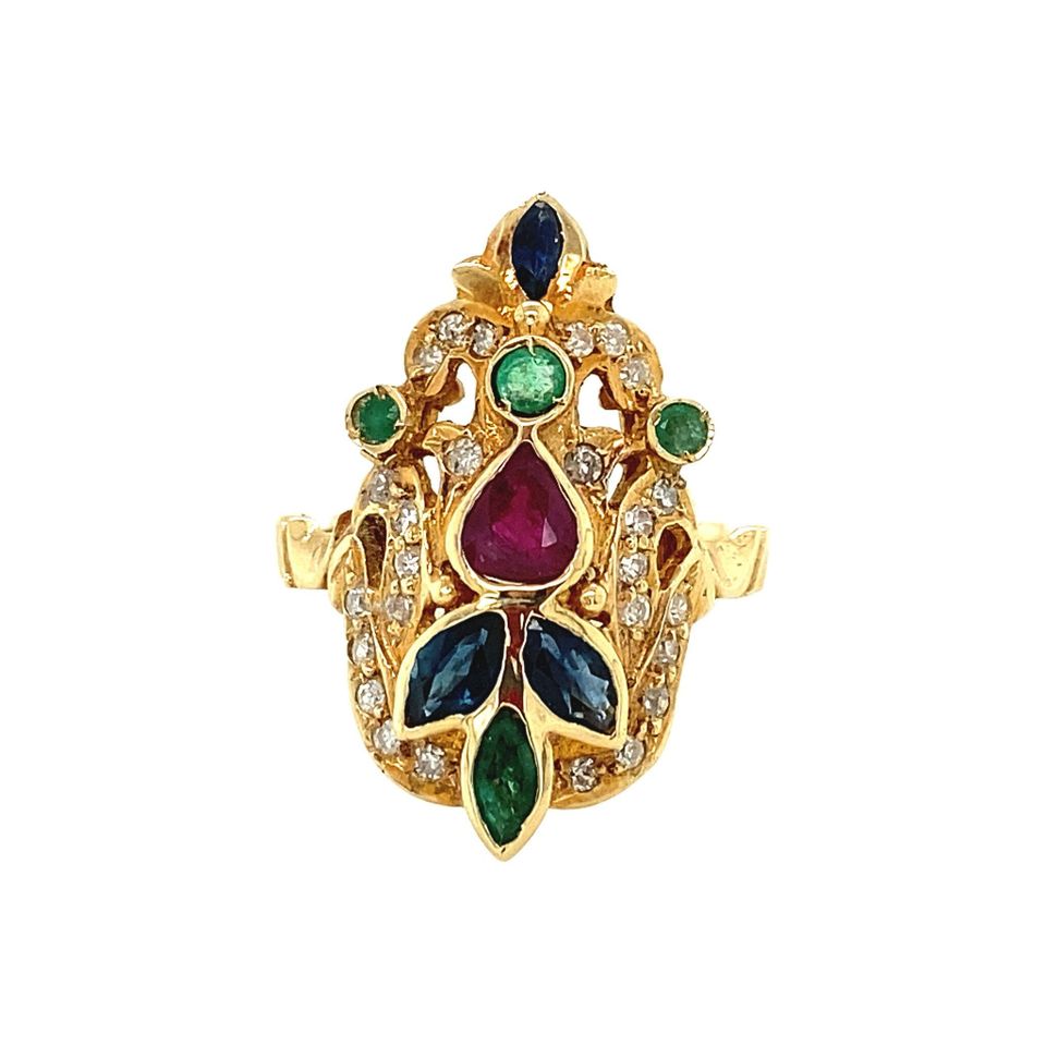 Vintage 18K Gold Ring with Emerald, Sapphire, Ruby and Diamond