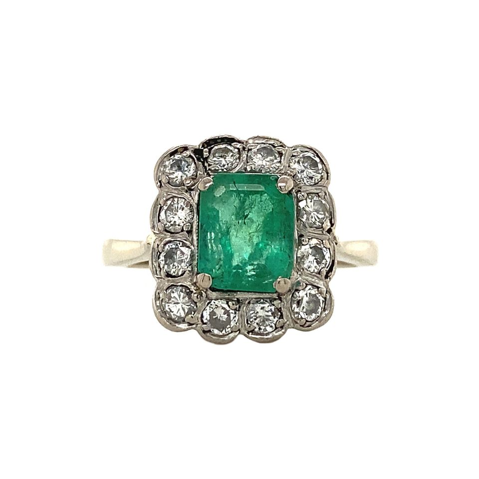 Vintage 14K White Gold Ring with Diamond and Emerald