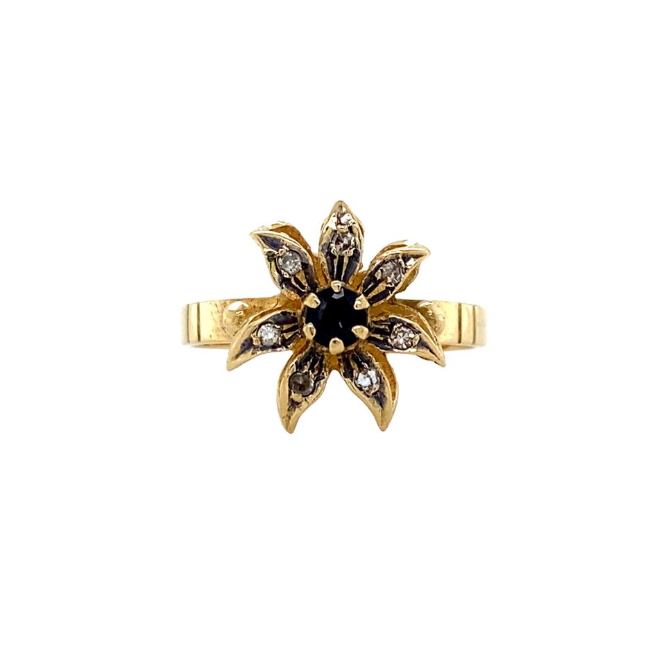 Vintage 14K Gold Cluster Ring with Sapphire and Diamond