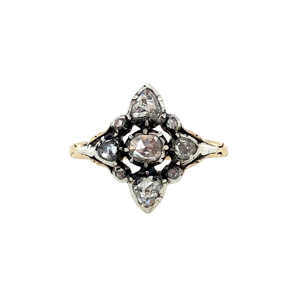 Vintage Gold Cluster Sterling Silver Ring with Rose Cut Diamond 14 Krtt