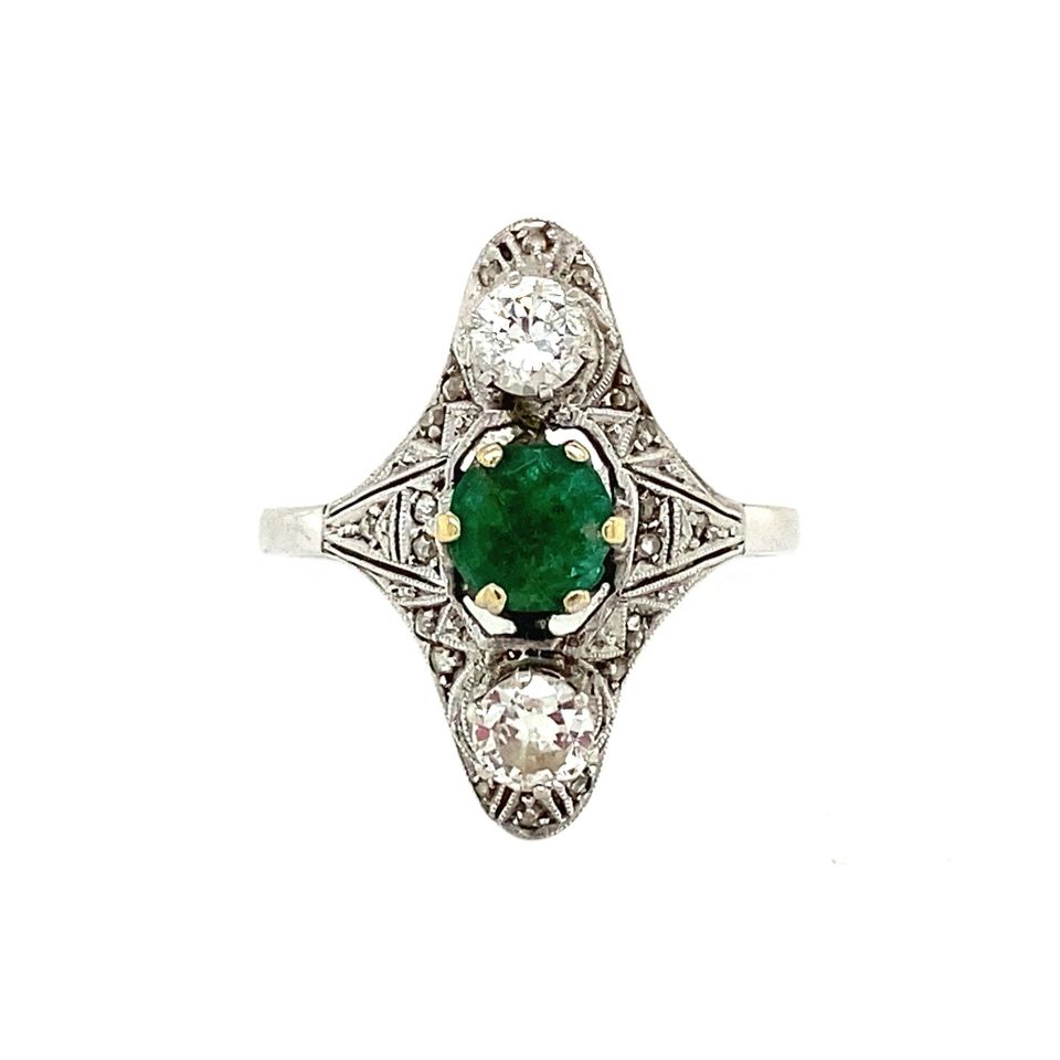 Vintage 18K White Gold Princess Ring with Emerald and Diamond