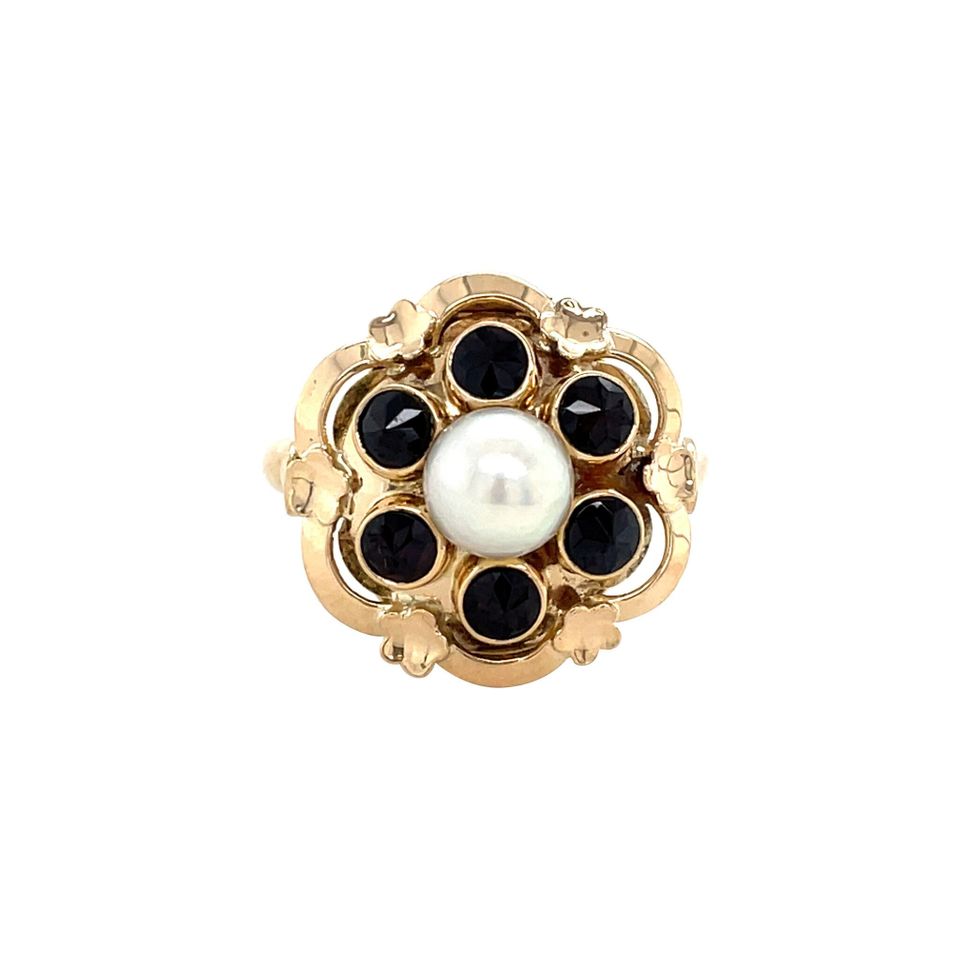Vintage 14K Gold Cluster Ring with Pearl and Garnet