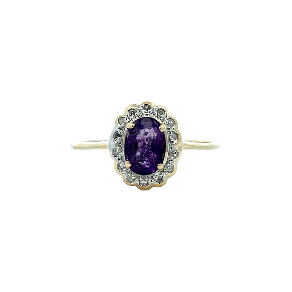 Vintage Cluster 9K Gold Ring with Amethyst and Diamond