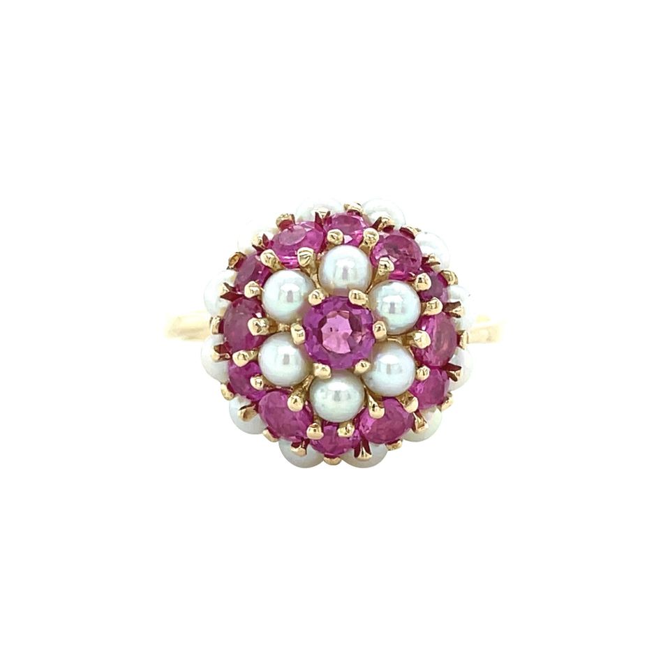 Vintage 14K Gold Cluster Mid Century Ring Ruby and Pearl
