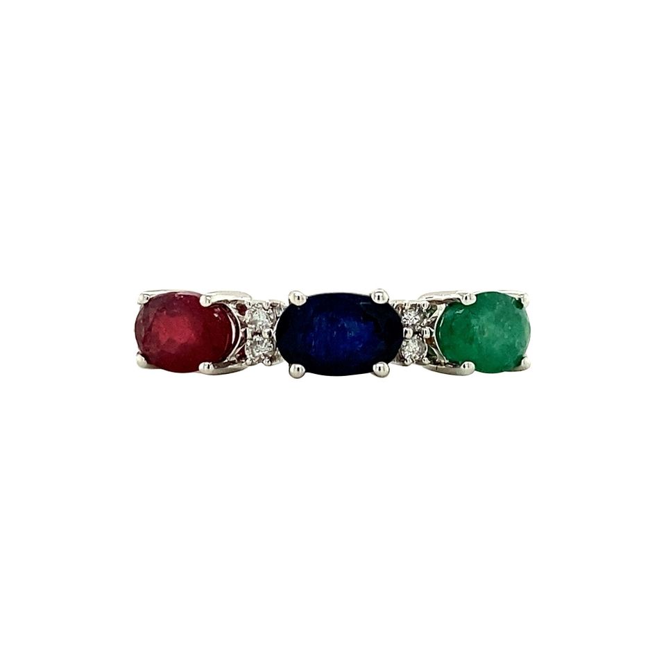 Vintage 14K White Gold Ring with Emerald, Sapphire, Ruby and Diamond