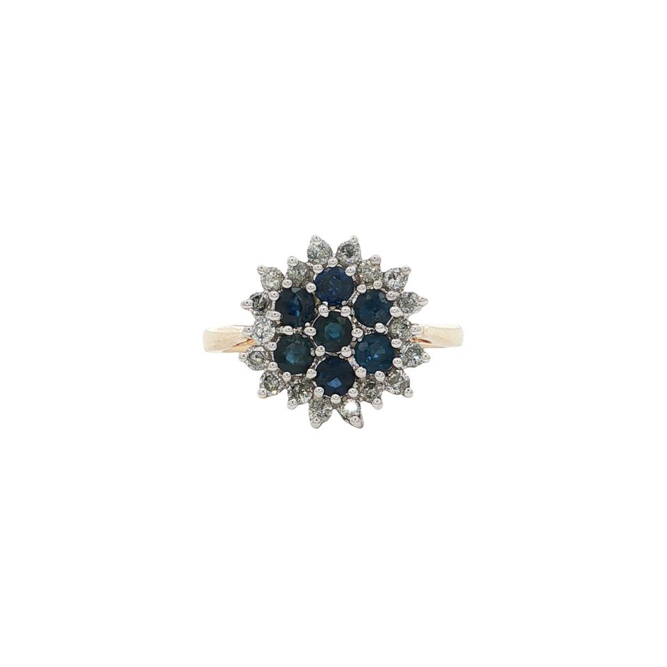 Vintage 14K Gold Cluster Ring with Sapphire and Diamond