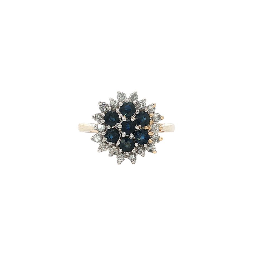 Vintage 14K Gold Cluster Ring with Sapphire and Diamond