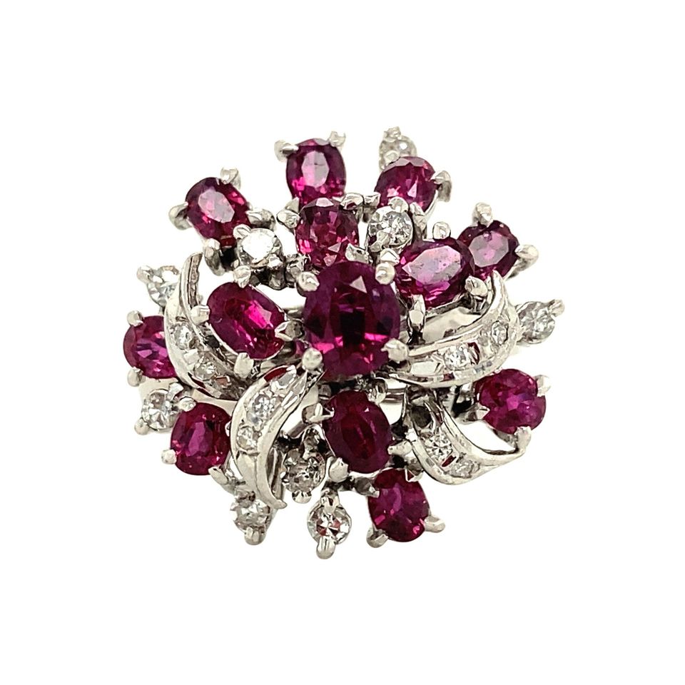 Vintage 14K White Gold Cocktail Ring with Ruby and Diamond