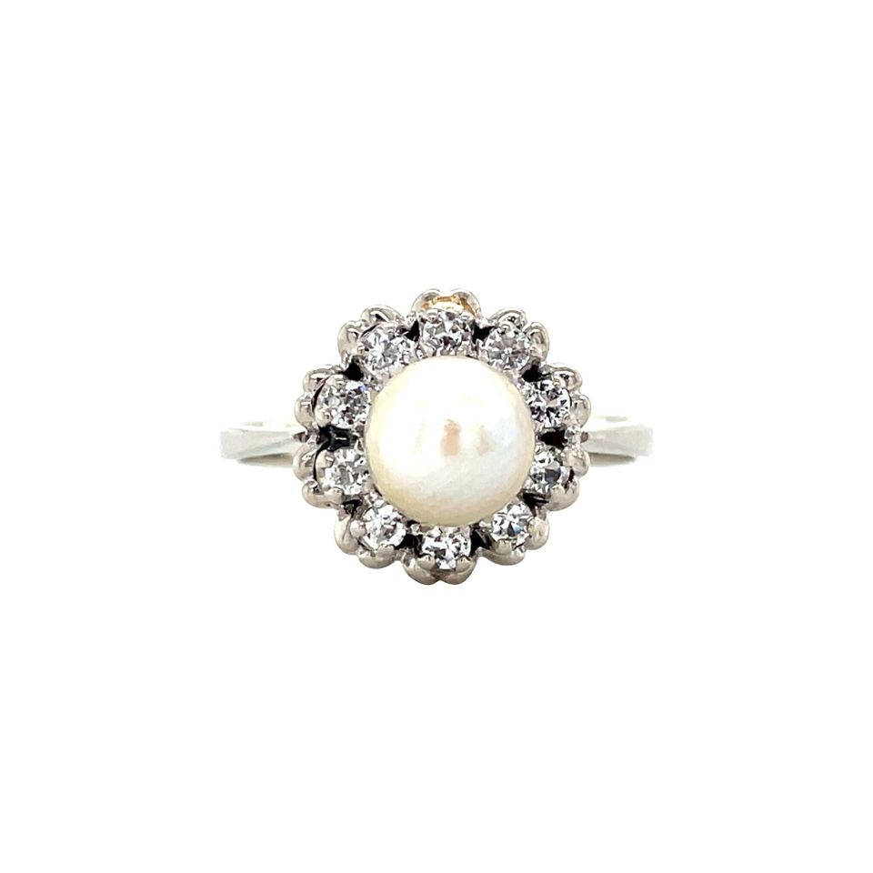 Vintage 18K White Gold Cluster Ring with Pearl and Spinel