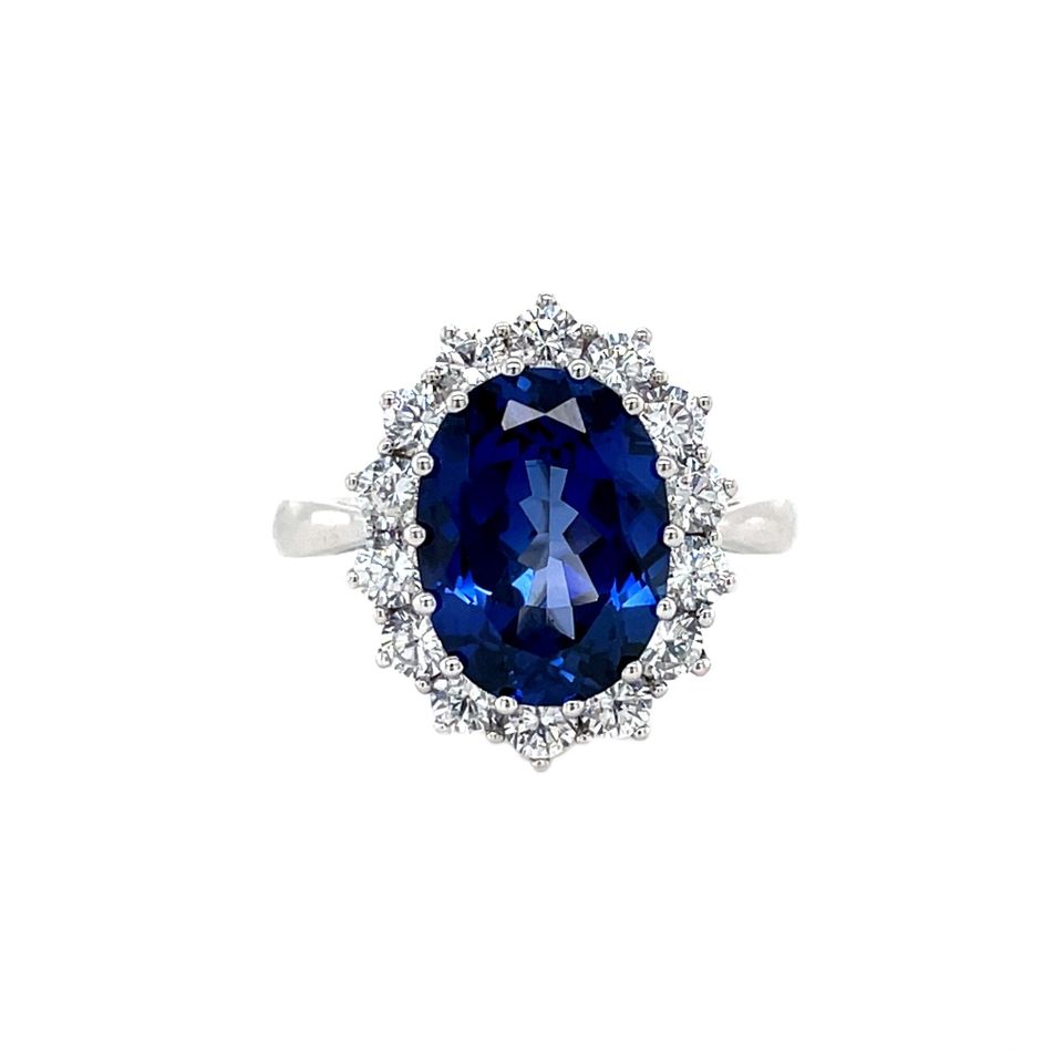 Vintage 14K White Gold Cluster Ring with Sapphire and Cubic Zirconia