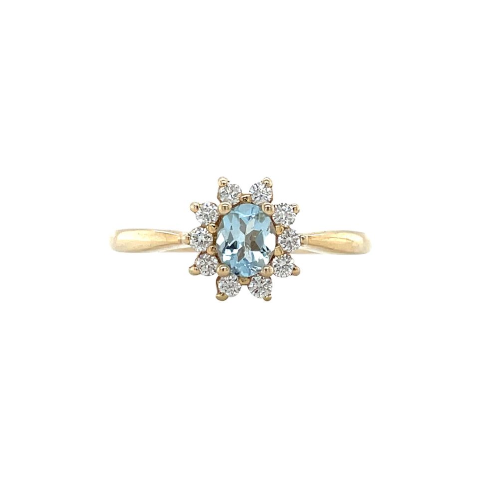Vintage 14K Gold Cluster Ring with Aquamarine and Diamond