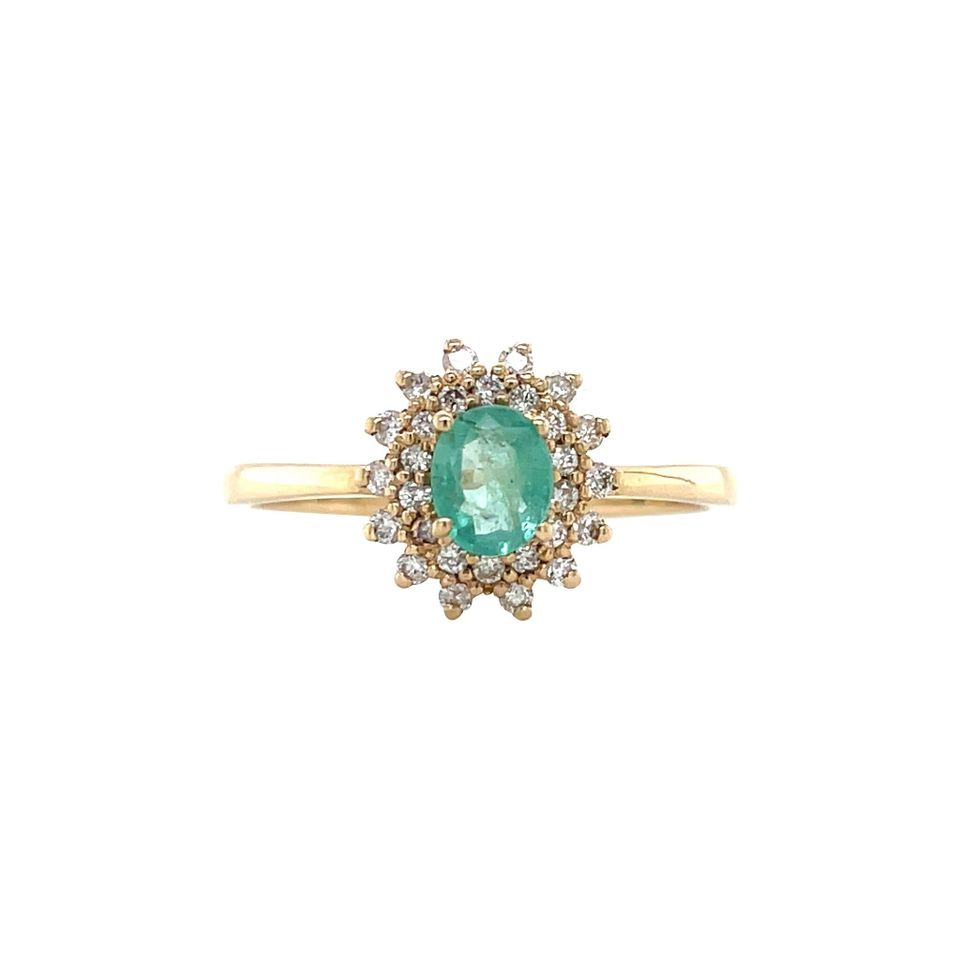 Vintage 14K Gold Dubbele Cluster Ring with Emerald and Diamond