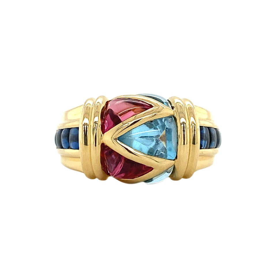 Vintage 18K Gold Ring with Sapphire, Pink and Blue Topaz