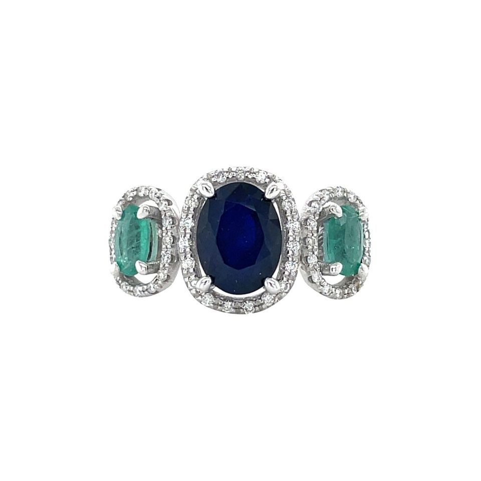 Vintage 14K White Gold Cluster Ring with Emerald, Sapphire and Diamond