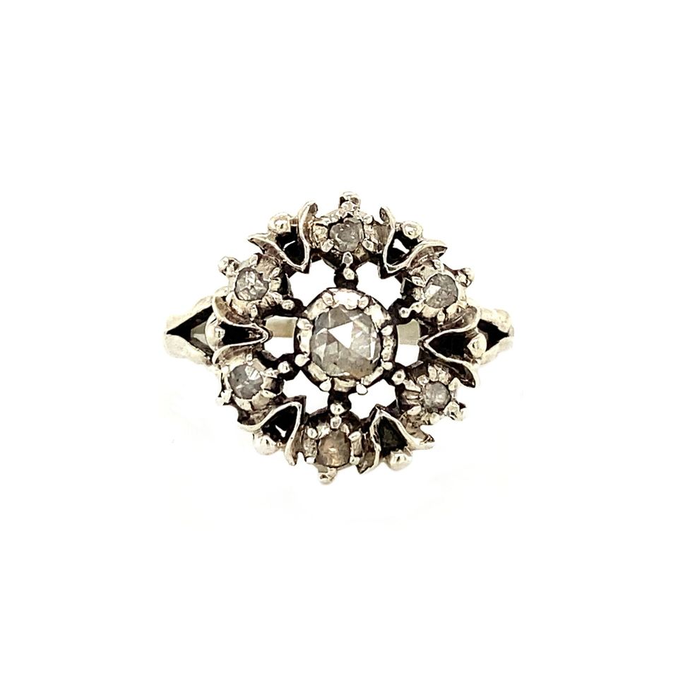 Vintage Silver Cluster Ring with Rose Cut Diamond
