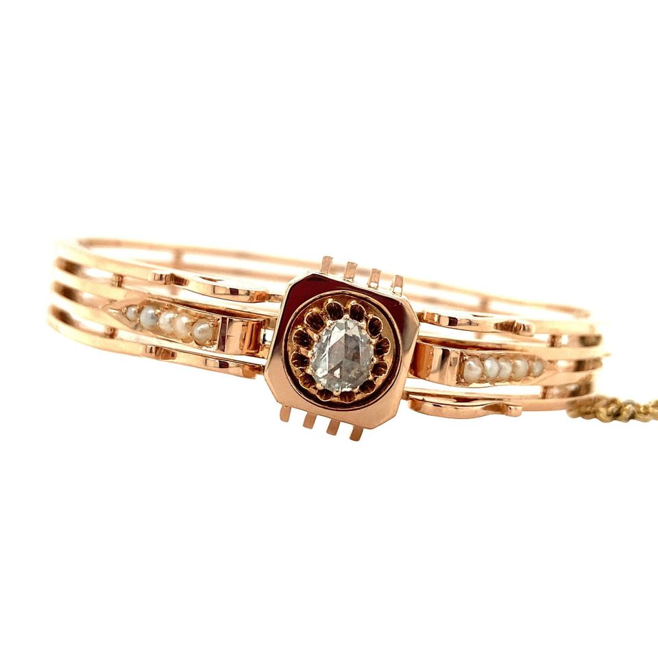 Vintage 14K Rose Gold Bangle with Pearl and Diamond