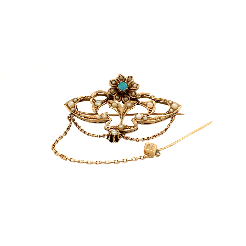 Vintage 14K Rose Gold Brooch with Pearl and Opal