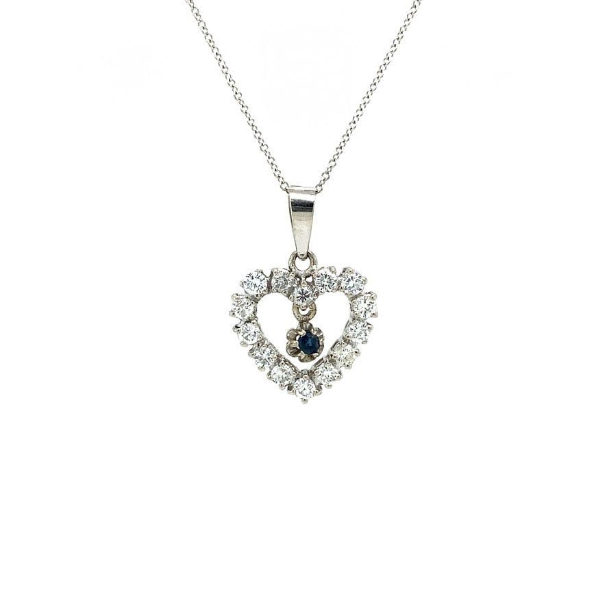 Vintage 18K White Gold Heart Pendant with Diamond and Sapphire