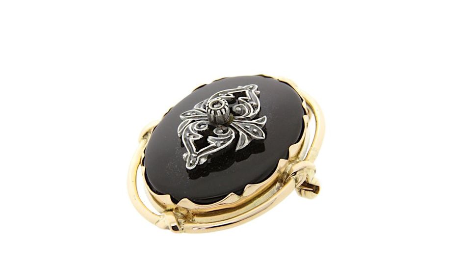 Vintage 14K Gold Pendant and Brooch with Onyx and Diamond