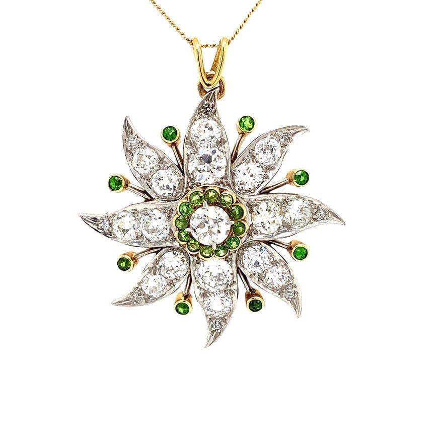 Vintage 14K Gold Sunburst Pendant with Diamond and Demantoid