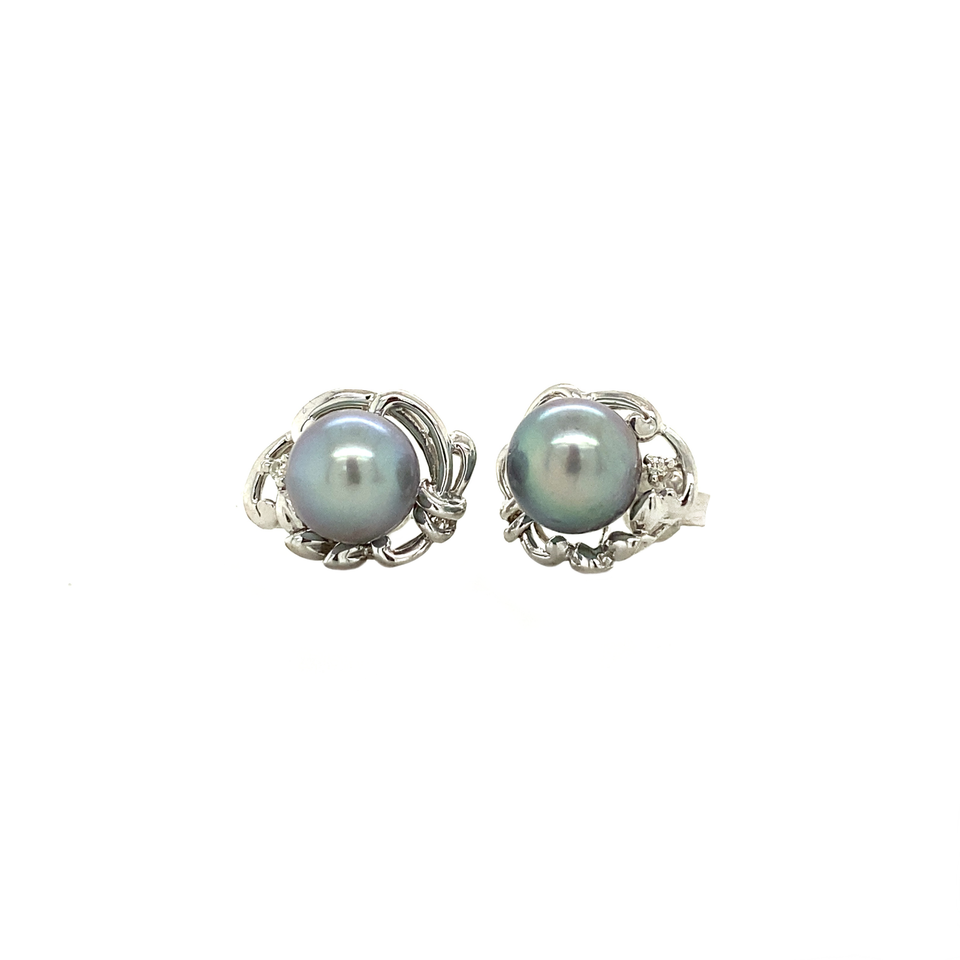 Vintage 14K White Gold Stud Earrings with Pearl and Diamond