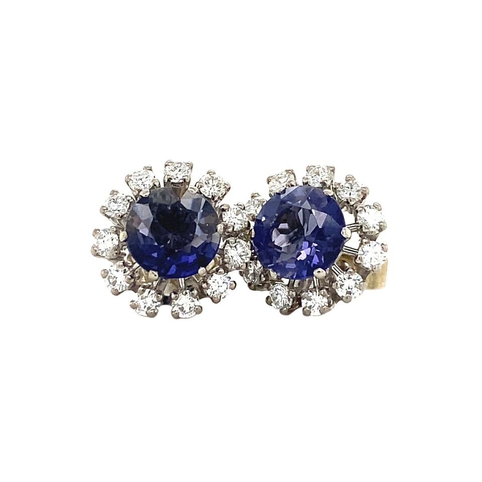 Vintage 14K White Gold Cluster Stud Earrings with Iolite and Diamond