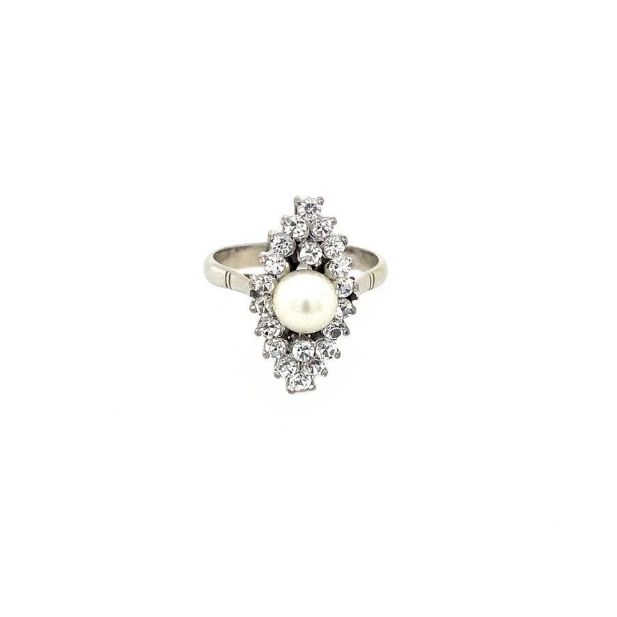 Vintage 14K White Gold Marquise Ring with Pearl and Cubic Zirconia