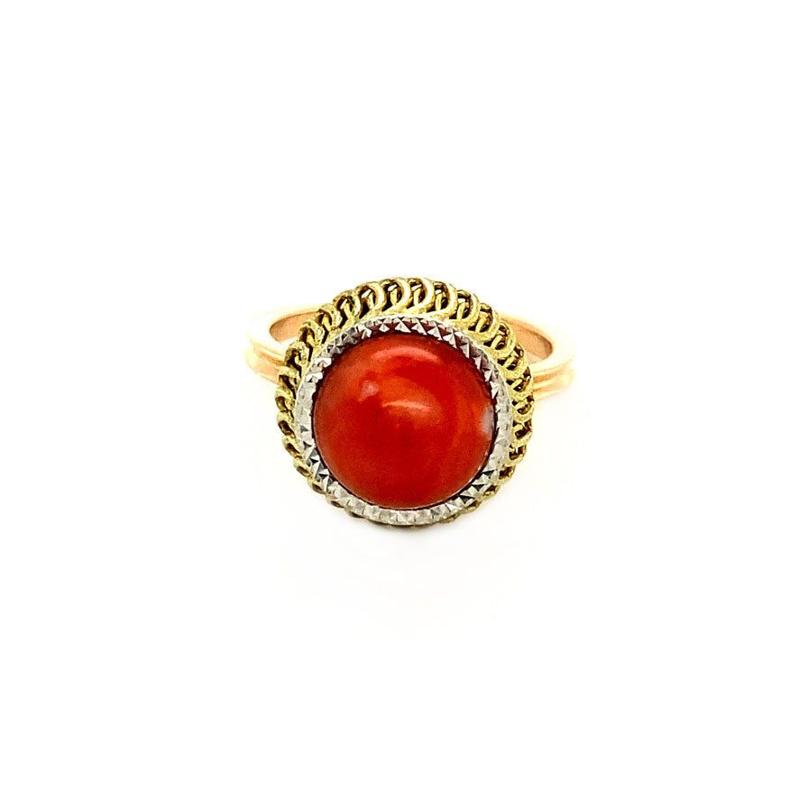 Vintage 14K Tricolor Gold Ring with Red Coral